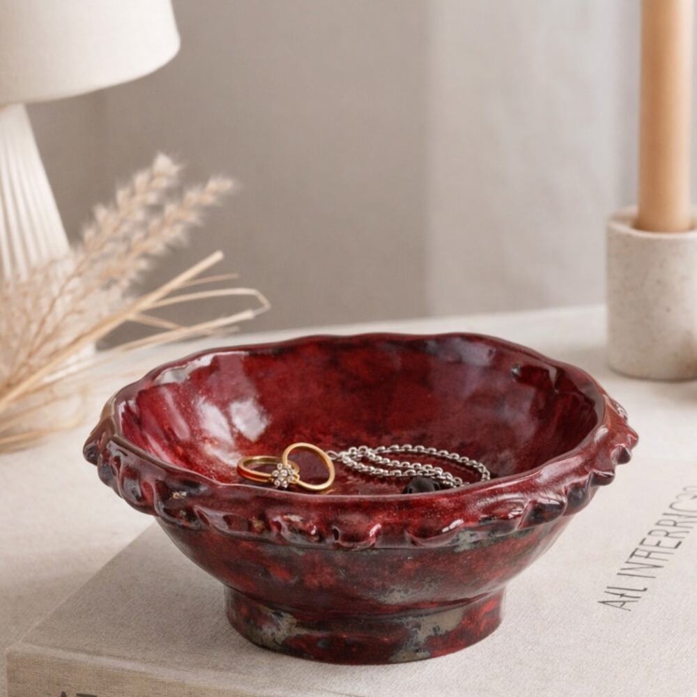 Studio Pottery Trinket Bowl Red Gunmetal Glaze Notched Rim Decor
